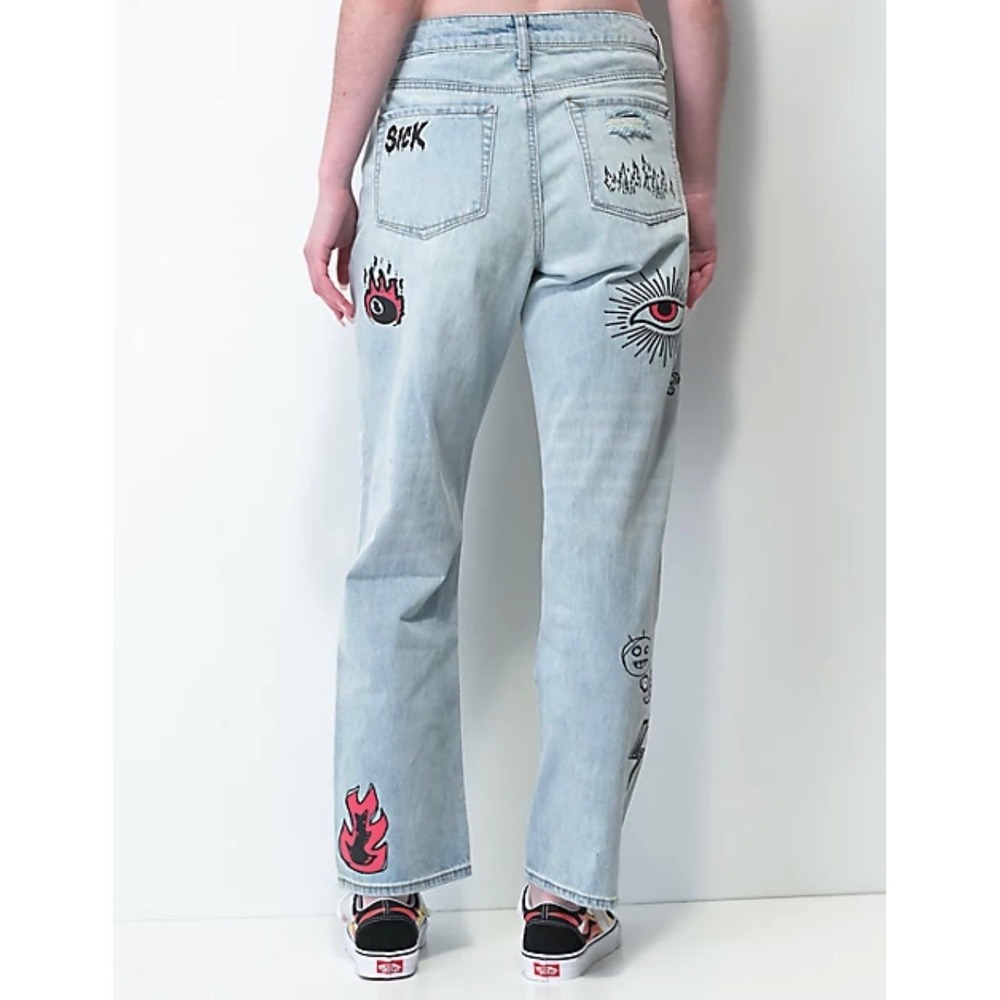 Ninth Hall Sire Womens Dad Fit Distressed Graphic Jeans Light Wash Skulls Size 3
